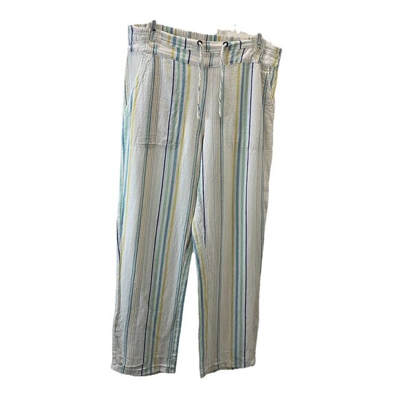 For Cynthia Striped White Teal Pull On Pants Linen Blend Womens Size PM Petite M - Picture 1 of 8